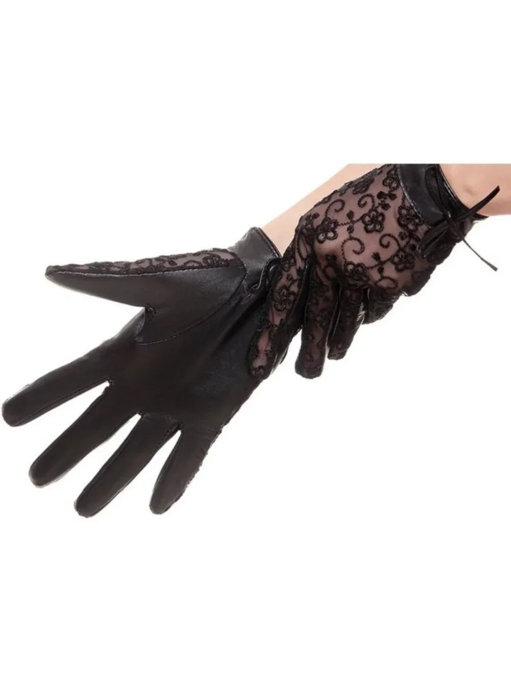 Elegant Nappa Leather & Lace Short Gloves with Bow for Wedding, Prom, Party